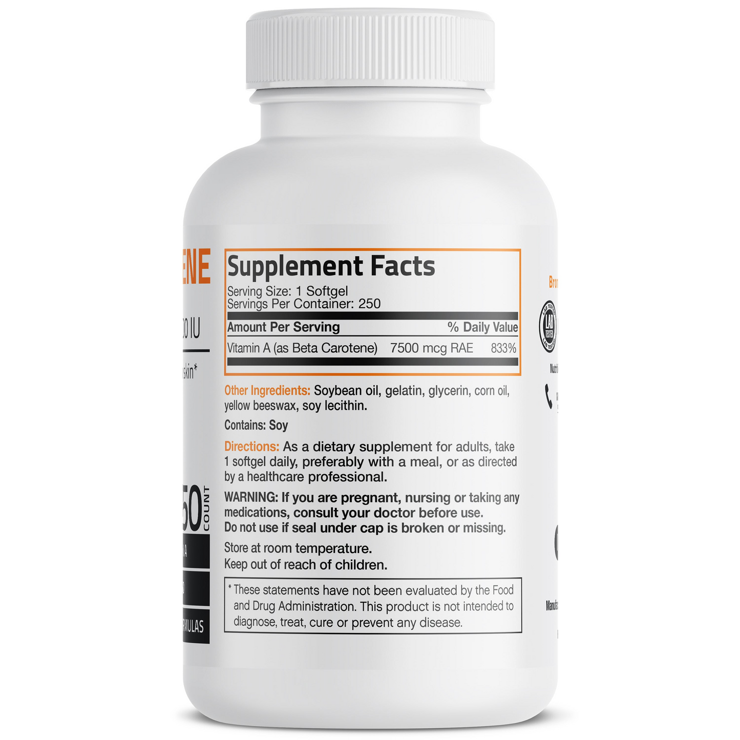 Bronson Vitamins Vitamin a Beta Carotene -7,500 Mcg (25,000 Iu), 250 Softgels