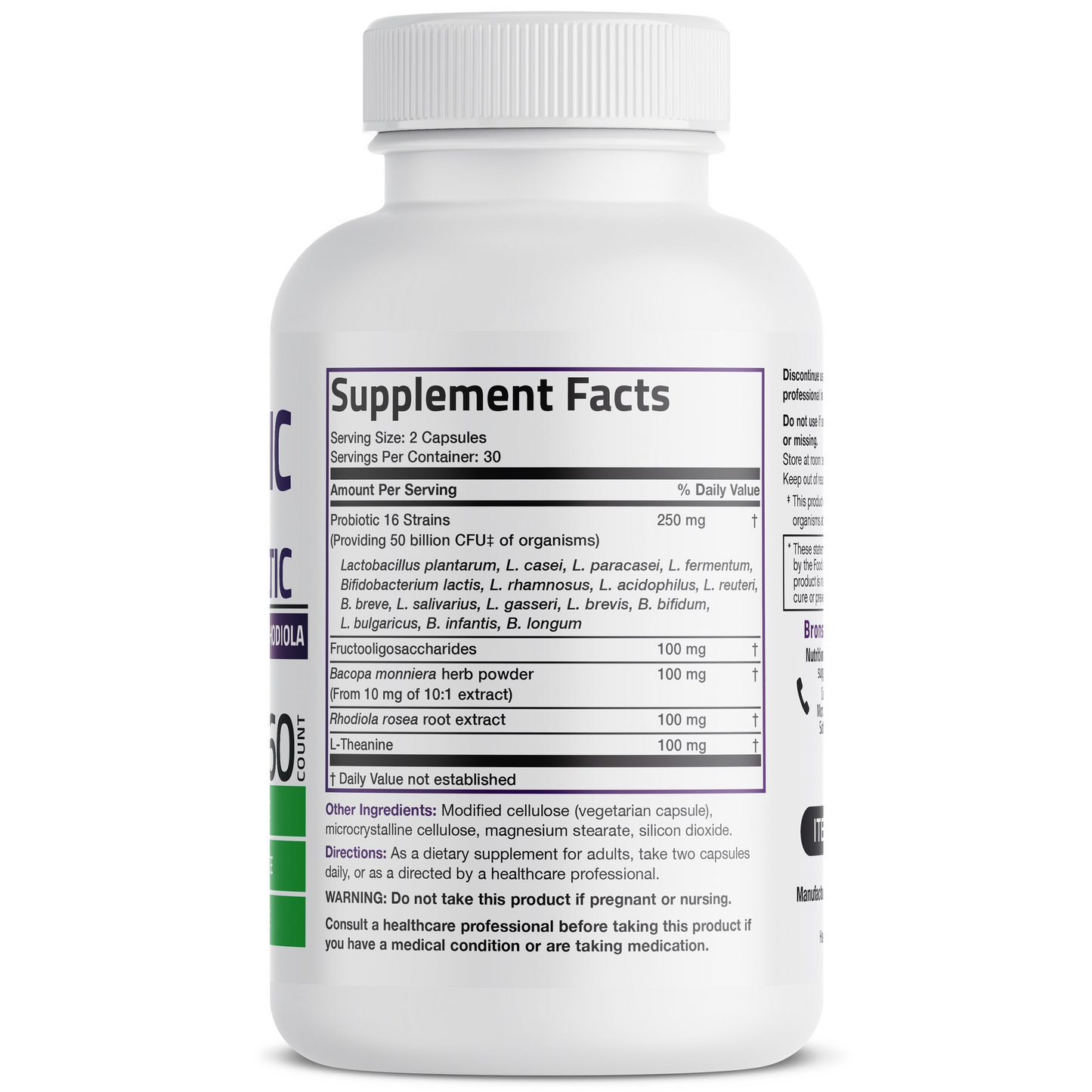 Bronson Vitamins Probiotic Plus Prebiotic with L-Theanine, Bacopa & Rhodiola - 50 Billion Cfu - 60 Vegetarian Capsules