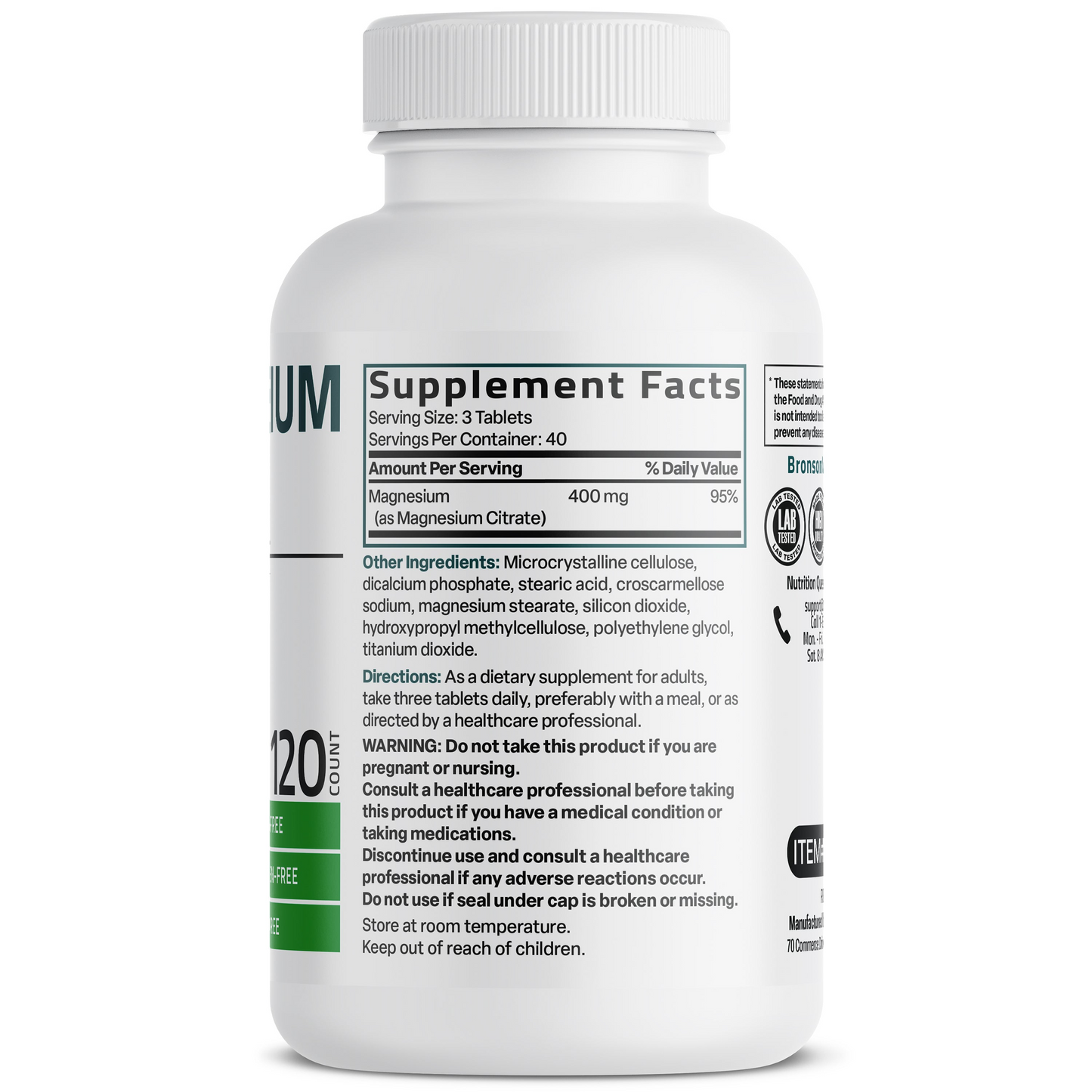 Bronson Vitamins Magnesium Citrate 120 Tabs