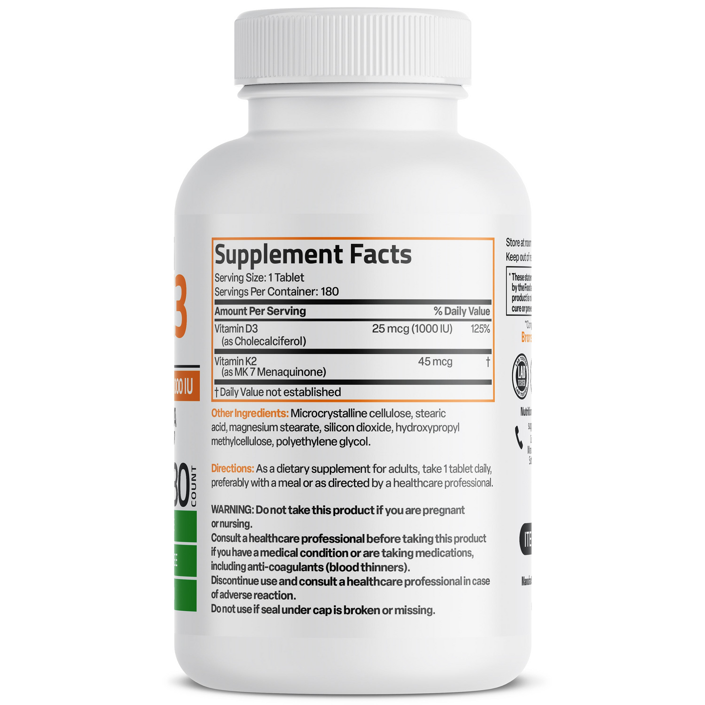 Bronson Vitamins Vitamin K2 (mk7) 45mcg with Vitamin D3 1000 Iu 180 Tabs
