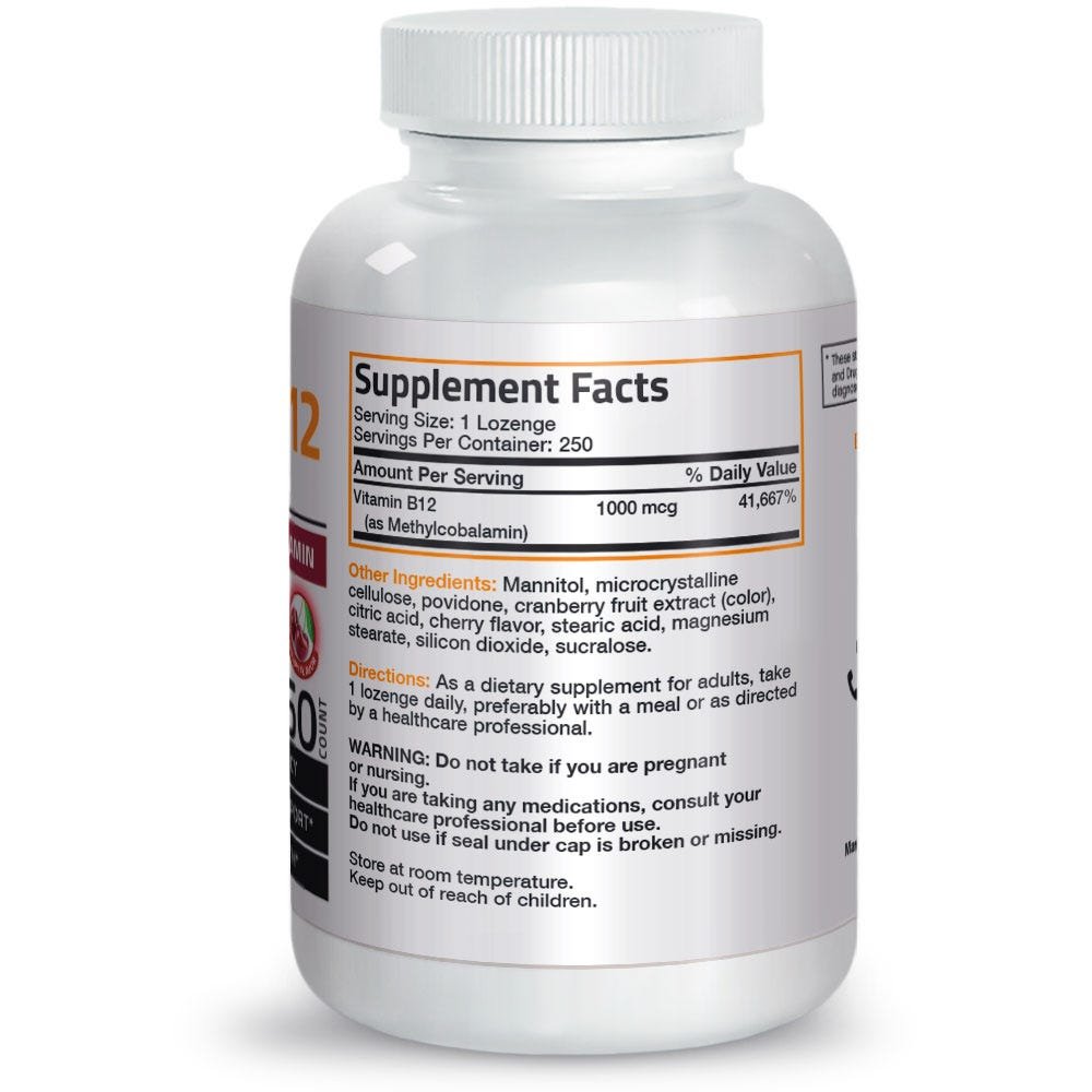 Bronson Vitamins Vitamin B12 Quick Release Sublingual - Cherry - 1,000 Mcg - 250 Vegetarian Lozenges