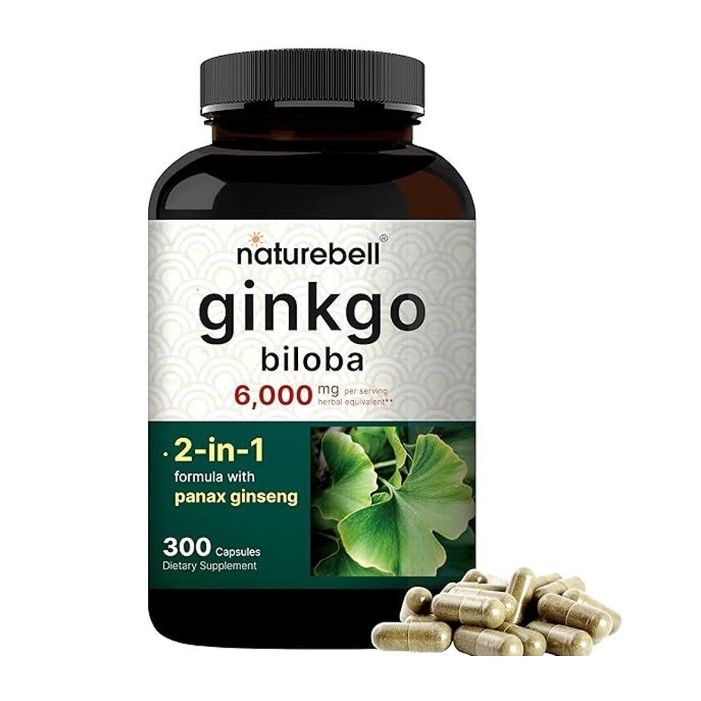 Naturebell Ginkgo Biloba 6000mg with Panax Ginseng – 2-in-1 Herbal Formula for Brain & Energy Support | 300 Capsules