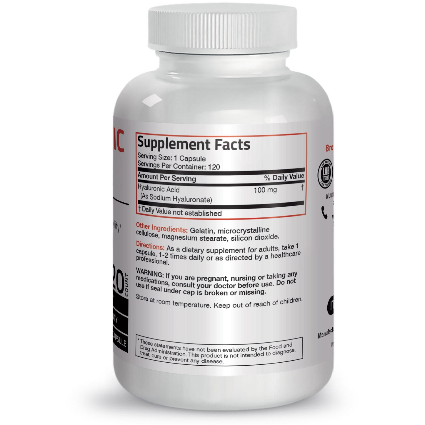 Bronson Vitamins Hyaluronic Acid High Potency - 100 Mg - 120 Capsules