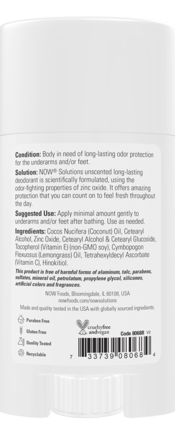 Now Foods Long-Lasting Deodorant – Unscented – Paraben & Aluminum Free – 2.2 oz. (62 g)