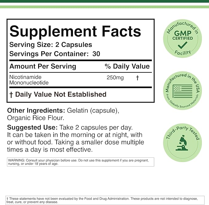 Double Wood Supplements Nmn Nicotinamide Mononucleotide 250mg - Supports Nad+ Levels - 60 Capsules - Dietary Supplement