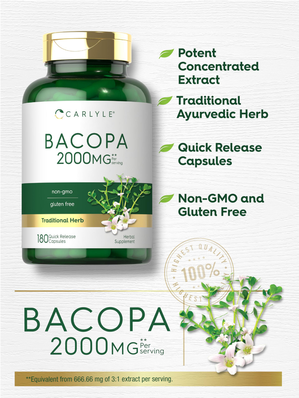 Carlyle Nutritionals Bacopa Monnieri 2000mg per serving | 180 Capsules