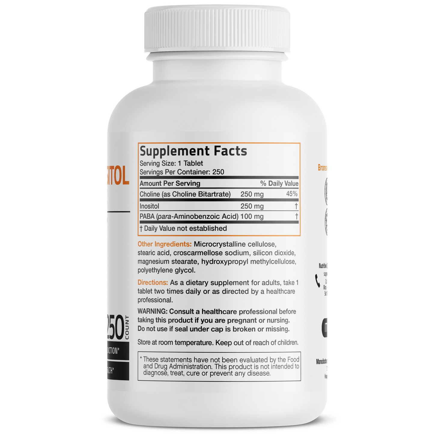 Bronson Vitamins Choline with Inositol and Paba - 250 Tablets