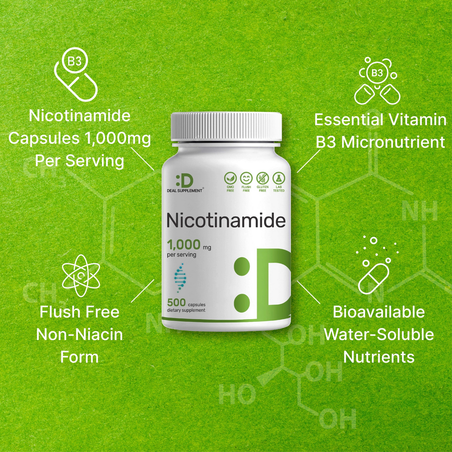 Deal Supplement Nicotinamide Vitamin B3 1,000mg Per Serving, 500 Capsules