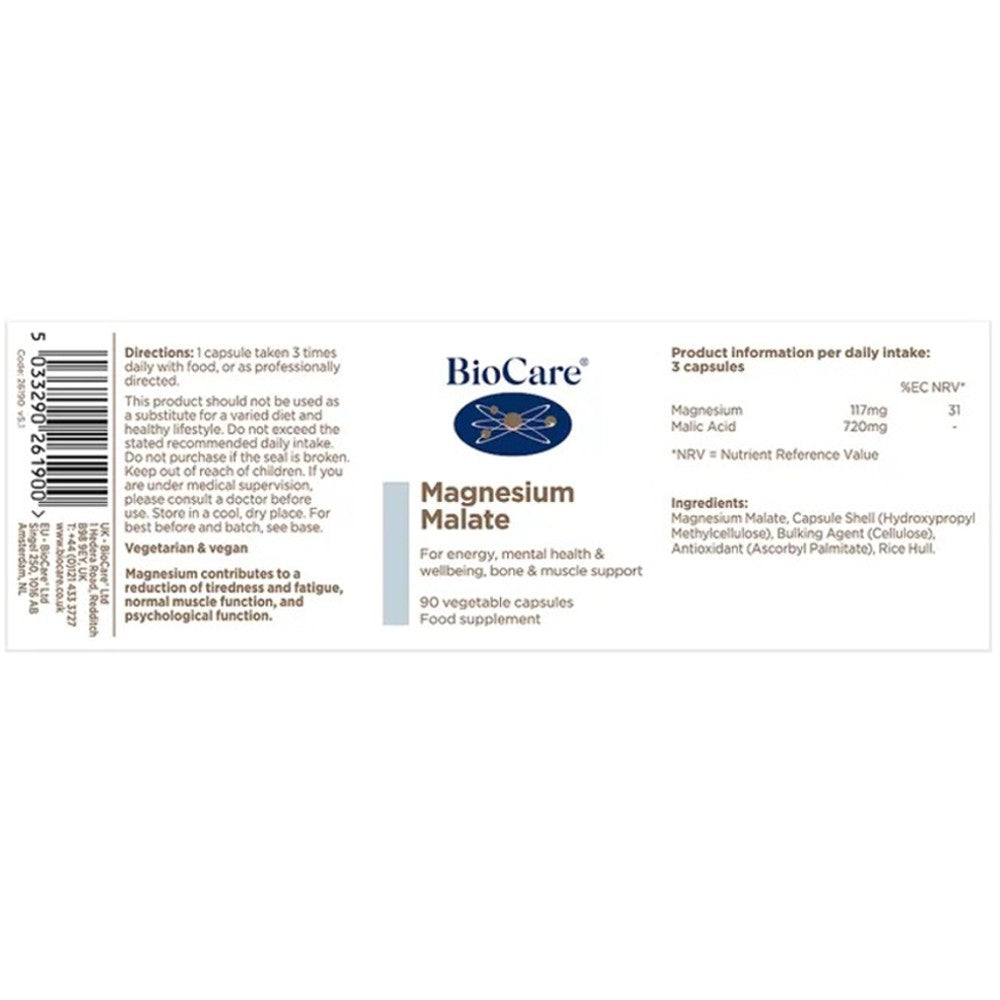 BioCare Magnesium Malate Capsules – Energy & Muscle Support, 90 Veg Caps