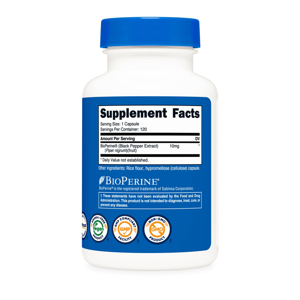 Nutricost BioPerine Black Pepper Extract – 10mg for Enhanced Absorption | 120 Capsules