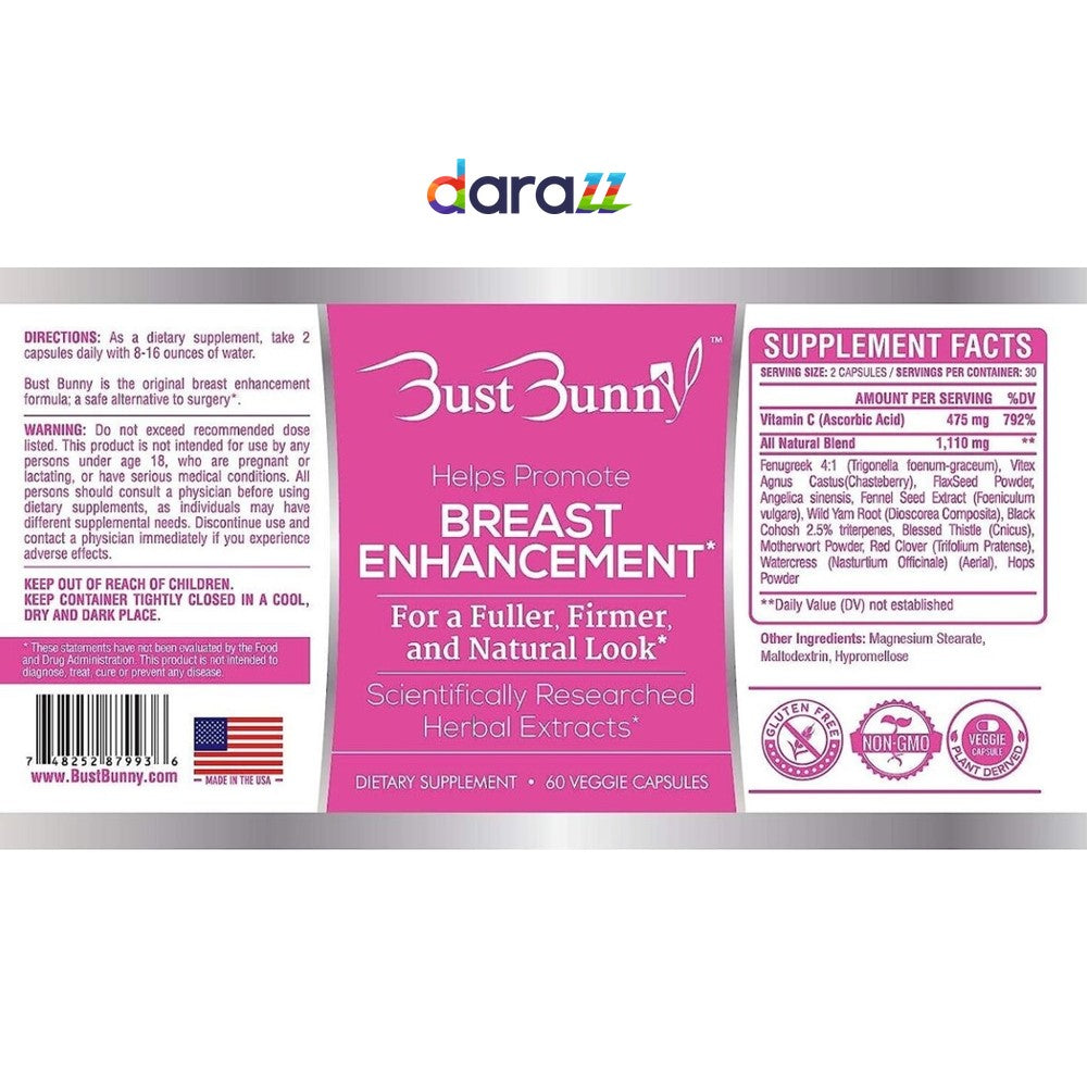 Bust Bunny - Breast Enhancement Supplement | Natural Herbal Formula for Fuller & Firmer Look | 60 Veggie Capsules