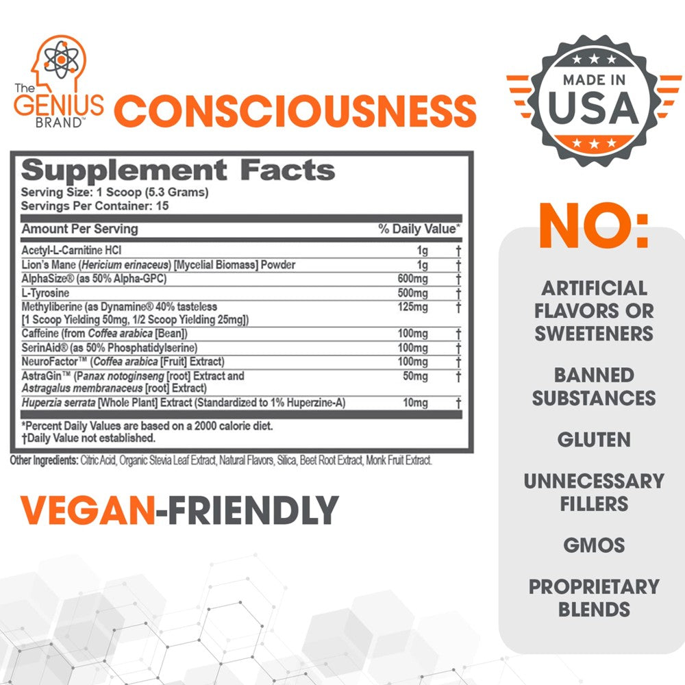 Genius Consciousness Nootropic Powder – Super Brain Boosting Formula | Mango Flavor | 100% Natural Dietary Supplement