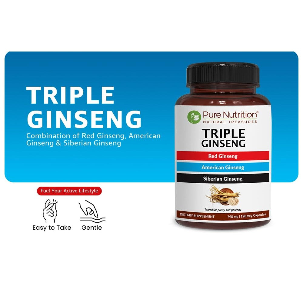 Pure Nutrition Triple Ginseng – Red, American & Siberian Ginseng | 790mg, 120 Veg Capsules