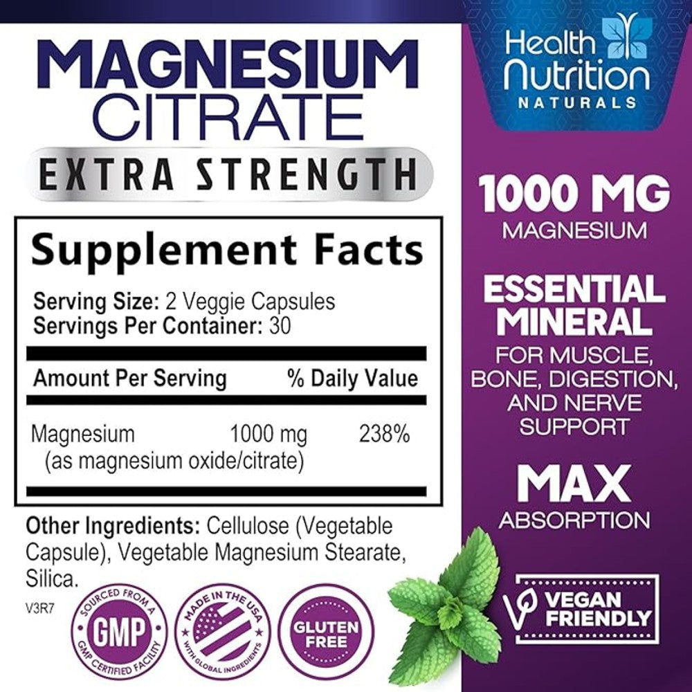 Health Nutrition Naturals Magnesium Citrate 1000mg – 60 Vegan Capsules