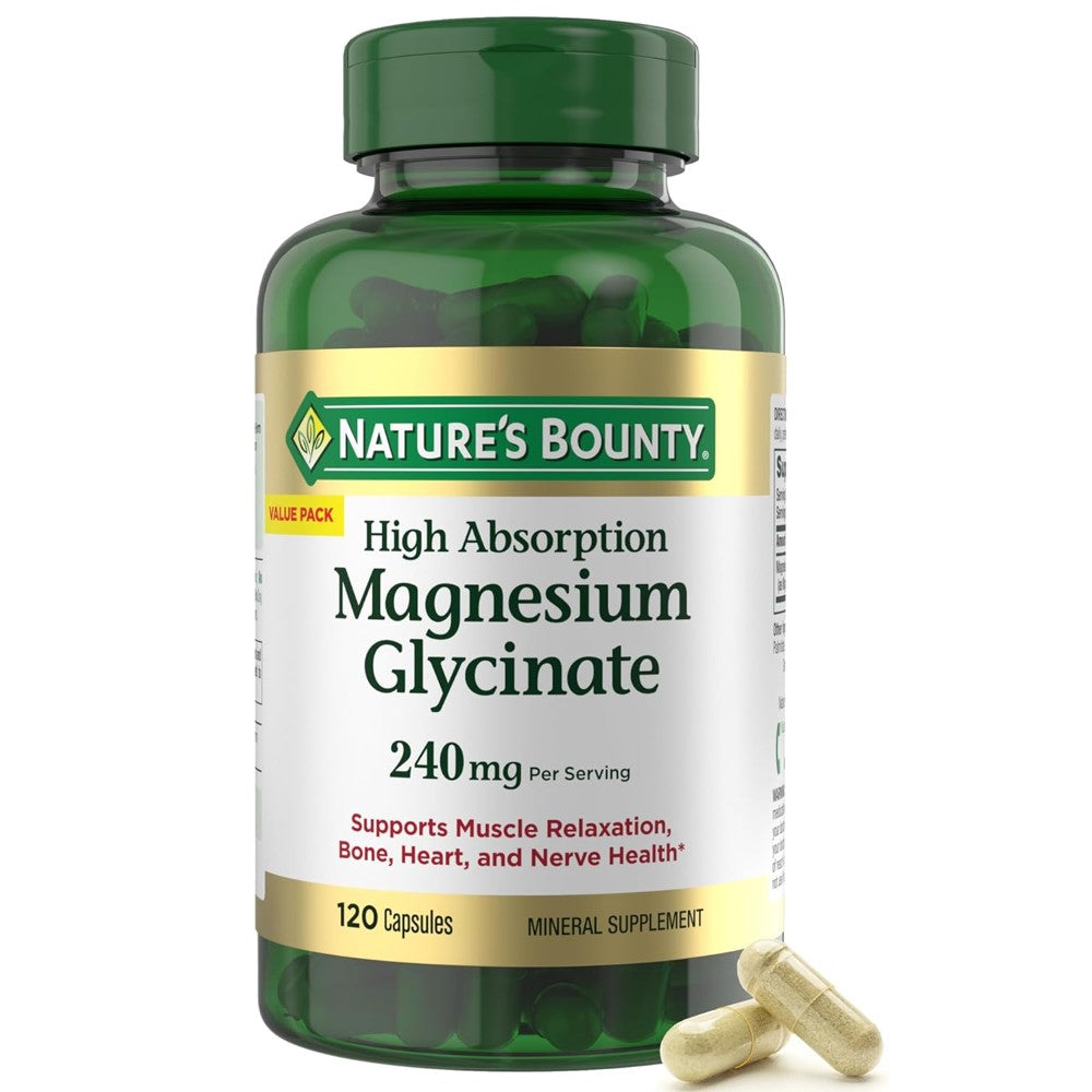 Magnesium Glycinate – Nature's Bounty 240MG Relaxation and Bone, Heart & Nerve Health – Non-GMO, Gluten-Free