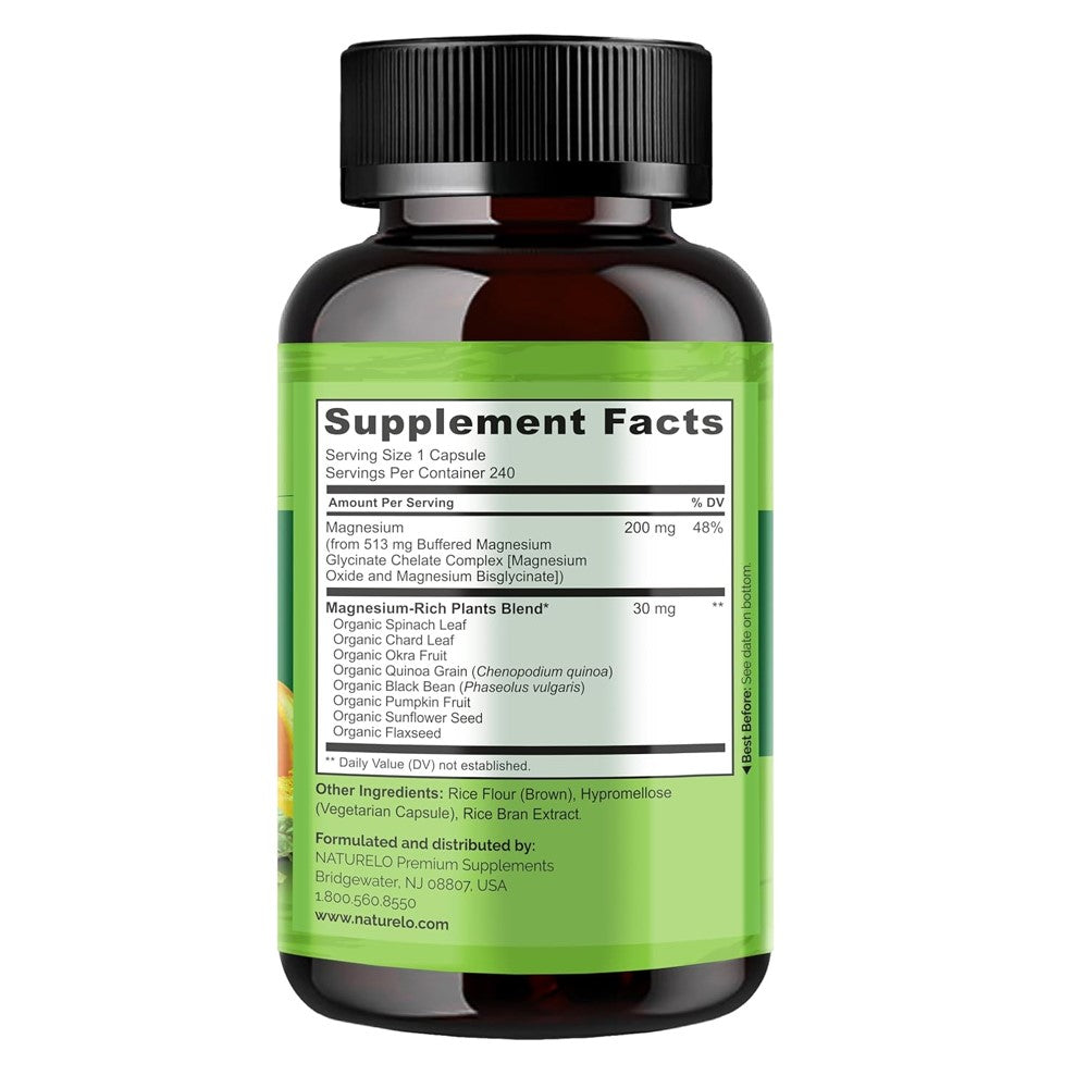 NATURELO Magnesium Glycinate Chelate Complex 200 mg Magnesium with Organic Vegetables