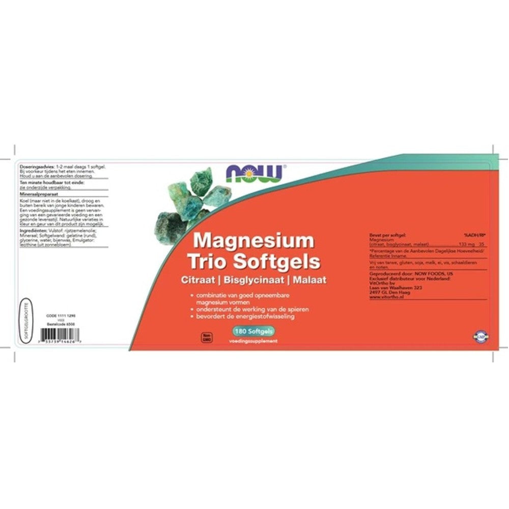 NOW Magnesium Trio Softgels – Citraat, Bisglycinaat & Malaat, 180 Softgels