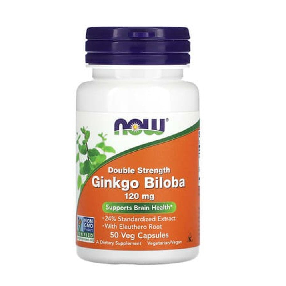 Now Foods Double Strength Ginkgo Biloba 120mg – Brain Health & Cognitive Support with Eleuthero Root | 50 Veg Capsules