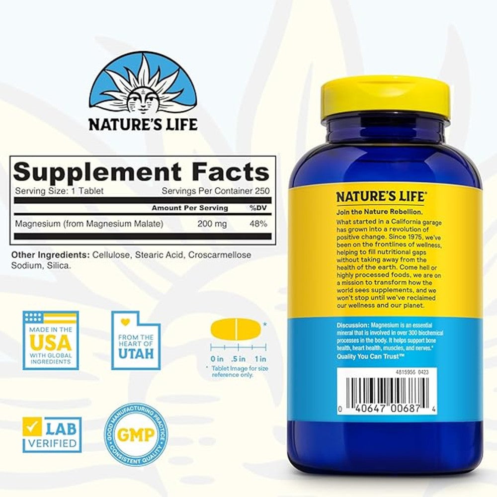 Nature's Life Renewing Magnesium Malate 200mg – Muscle, Heart & Bone Support