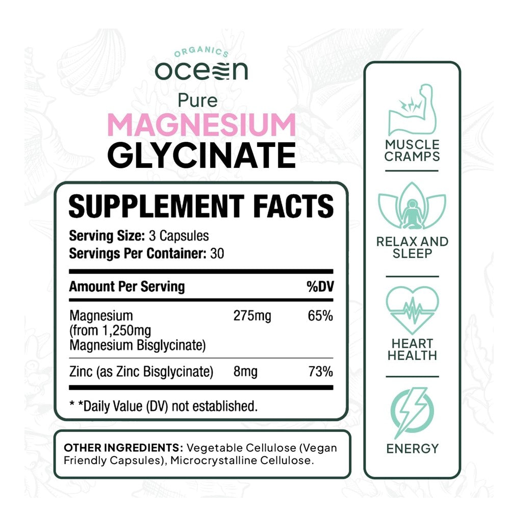 Organics Ocean Pure Magnesium Glycinate with Zinc – 90 Capsules