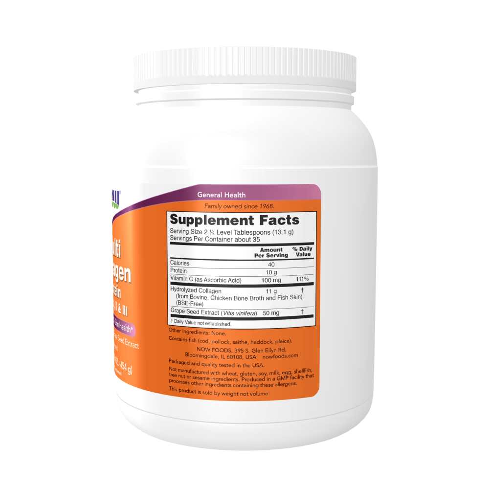 Now Foods Multi Collagen Protein – Types I, Ii & Iii with Vitamin C & Grape Seed – Bone, Joint & Skin Health – Unflavored – 16 Oz (454 G)