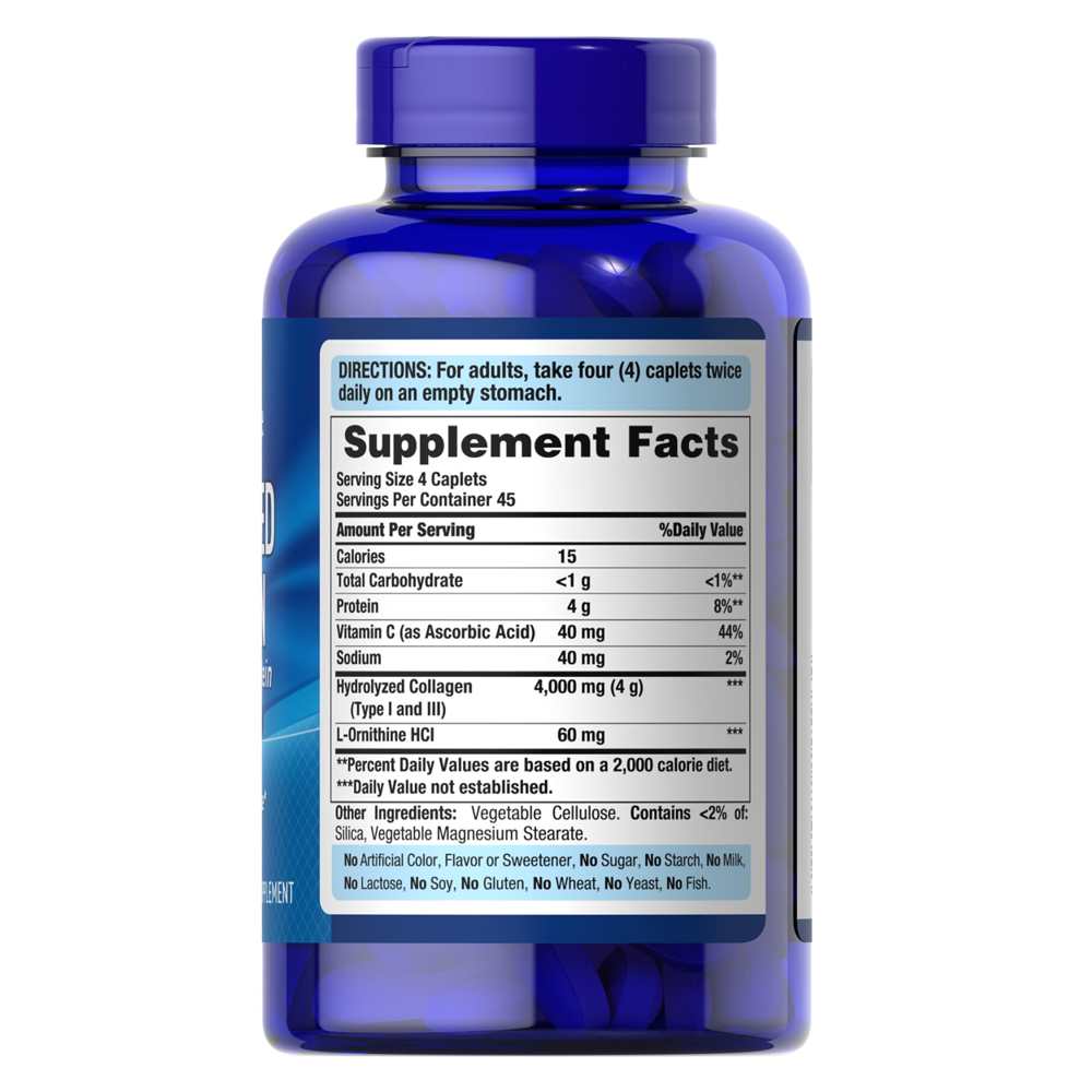 Puritan’s Pride Hydrolyzed Collagen – 180 Caplets | Type I & III | Beauty & Tissue Support