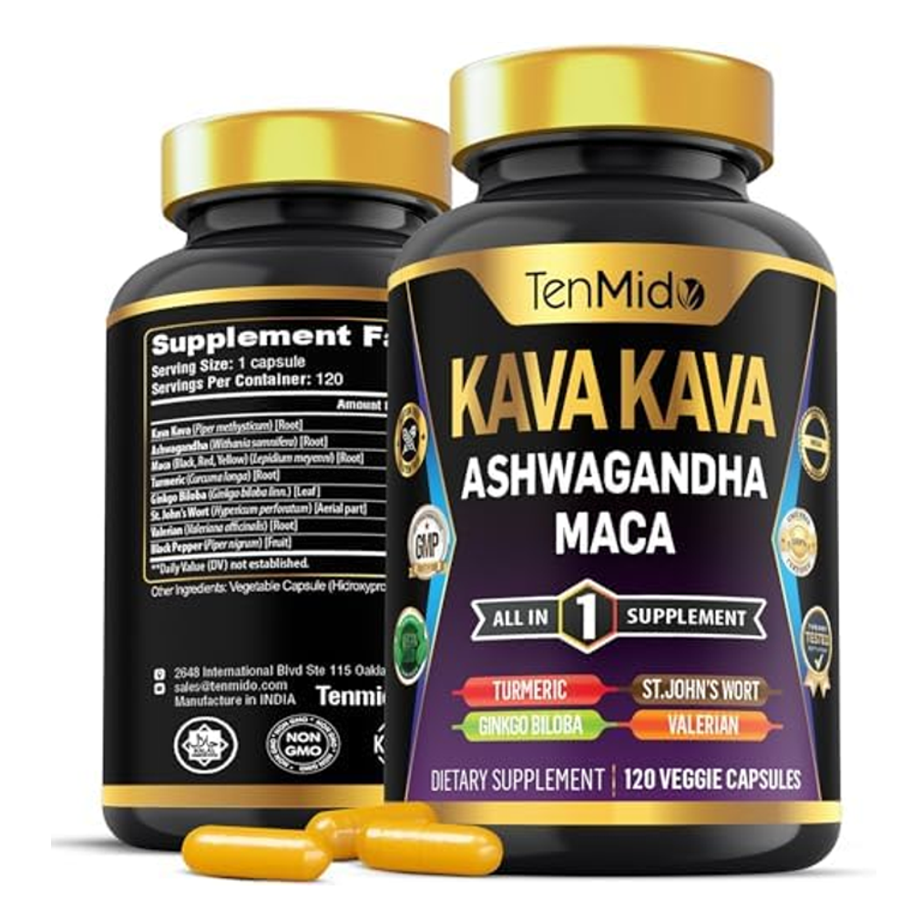 Kava Kava Root Supplement - 8in1 Formula - Combine with Ashwagandha, Maca, Turmeric, Ginkgo Biloba, St. John's Wort, Valerian & Black Pepper
