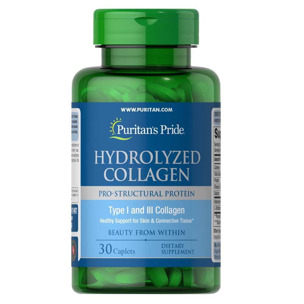 Puritan’s Pride Hydrolyzed Collagen – 180 Caplets | Type I & III | Beauty & Tissue Support