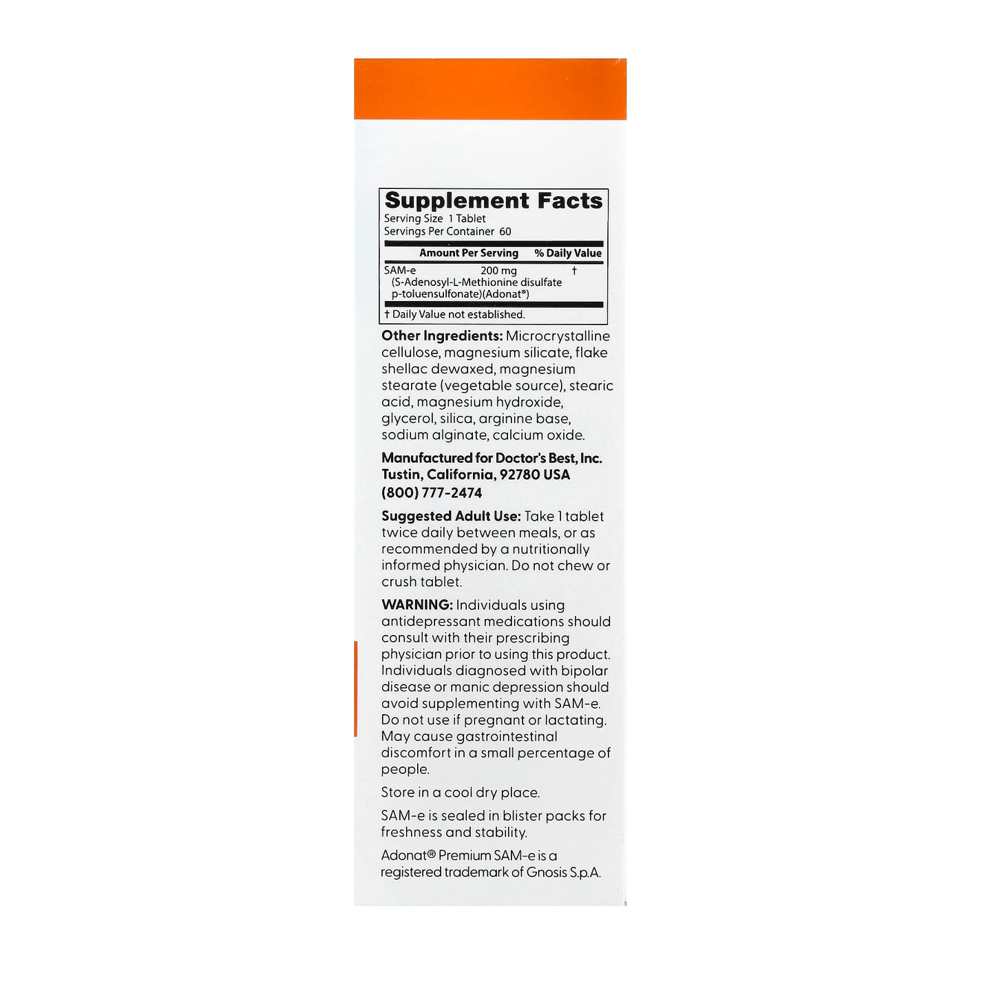 Doctor's Best SAM-e 200mg Enteric Coated Tablets 60 Count