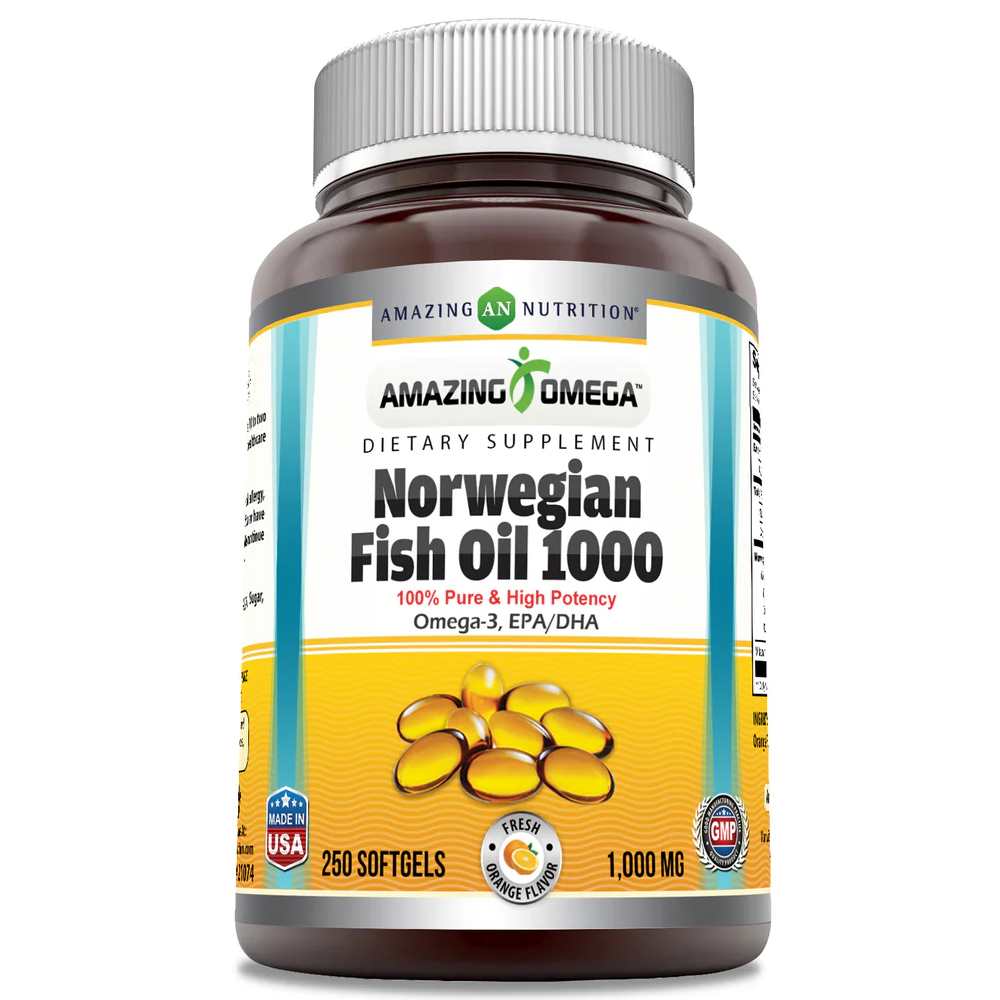 Amazing Omega Norwegian Fish Oil 1000 Mg 250 Softgels Orange Flavor