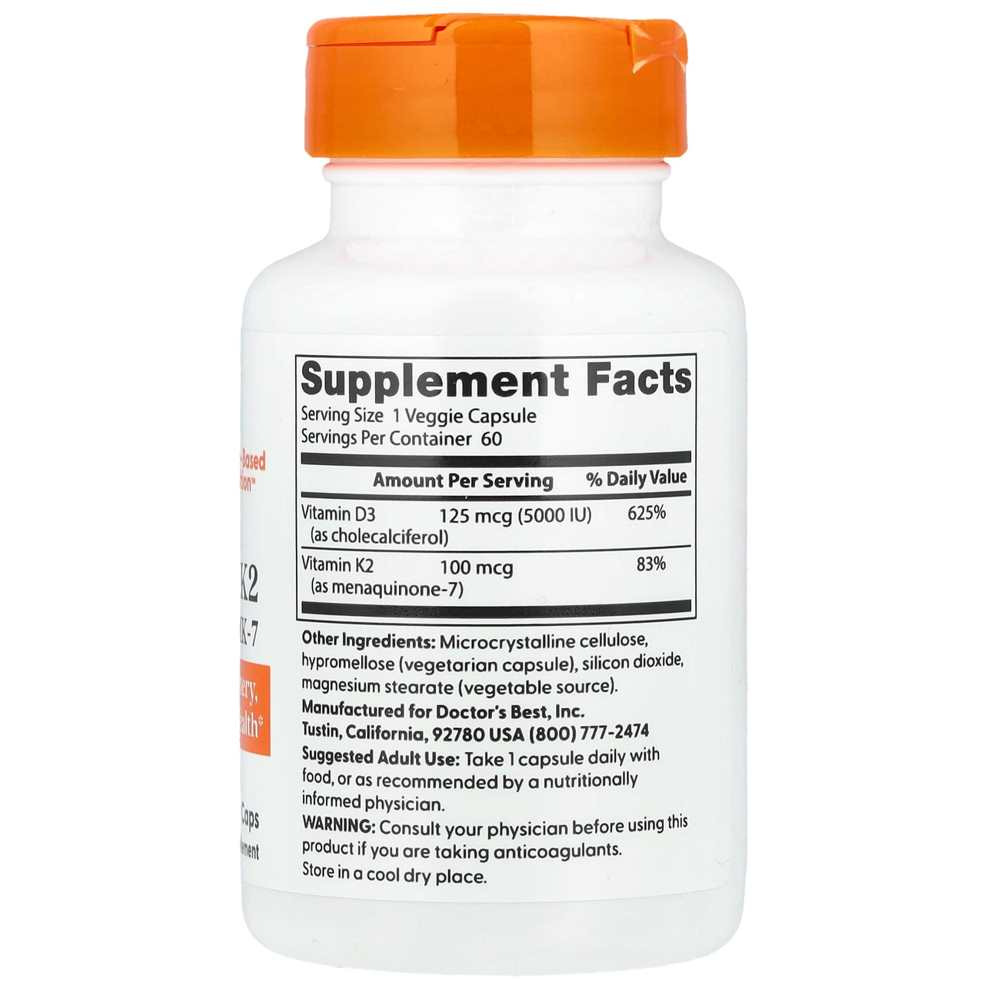 Doctor's Best Vitamin D3 + K2 Mk-7 Veggie Caps 60 Count