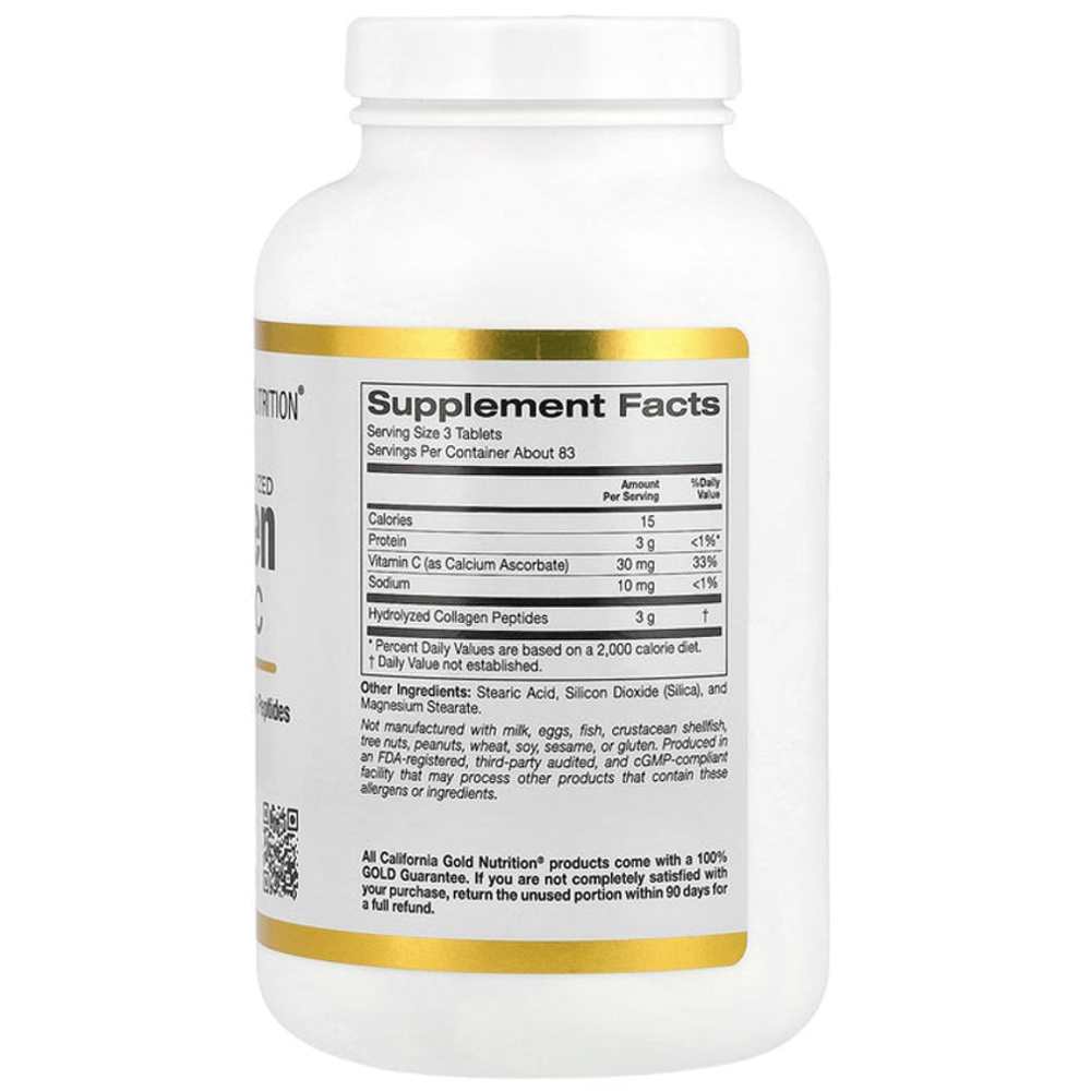 California Gold Nutrition – Hydrolyzed Collagen + Vitamin C | 250 Tablets | Skin & Joint Support