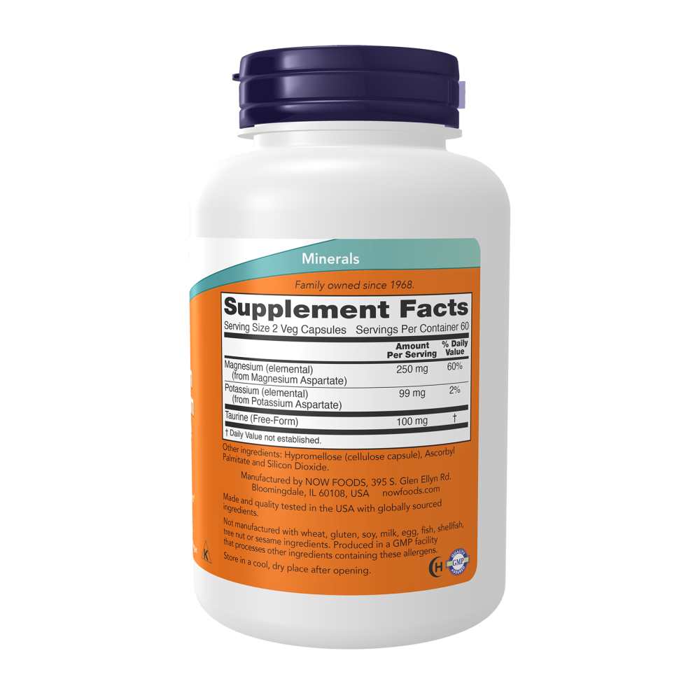 Now Foods Magnesium & Potassium Aspartate with Taurine – Heart, Muscle & Nerve Function Support – 120 Veg Capsules