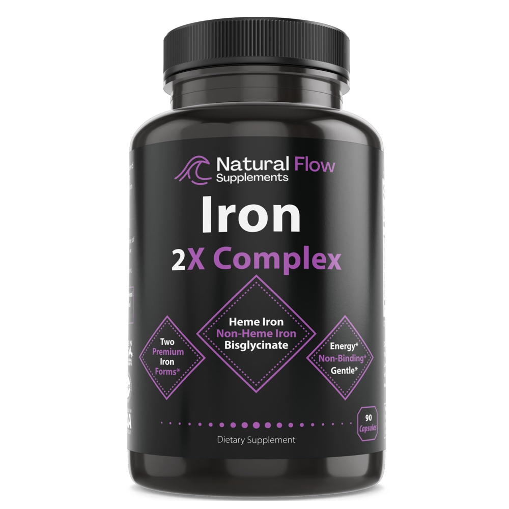 Natural Flow Supplements Iron 2X Complex – Heme Iron & Non-Heme Iron Bisglycinate – 90 Capsules