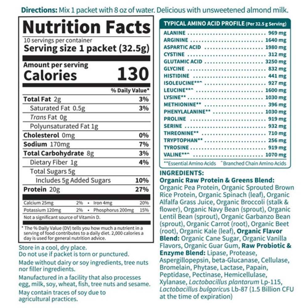 Garden of Life Raw Protein & Greens Lightly Sweet 10 Packets 1.14oz (33g) Powder