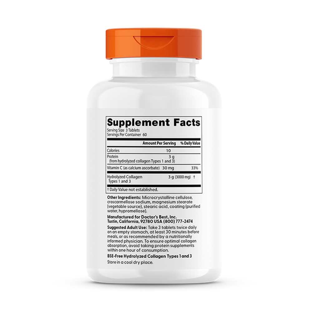 Doctor’s Best – Collagen 1 & 3 + Vitamin C | Peptan | 3000 Mg | 180 Tablets | Beauty & Mobility Support