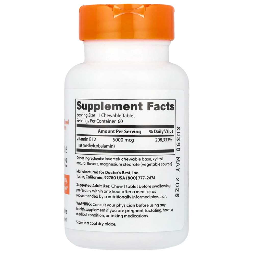 Doctor's Best Chewable Fully Active B12, Mixed Berries , 5,000 Mcg, 60 Tablets