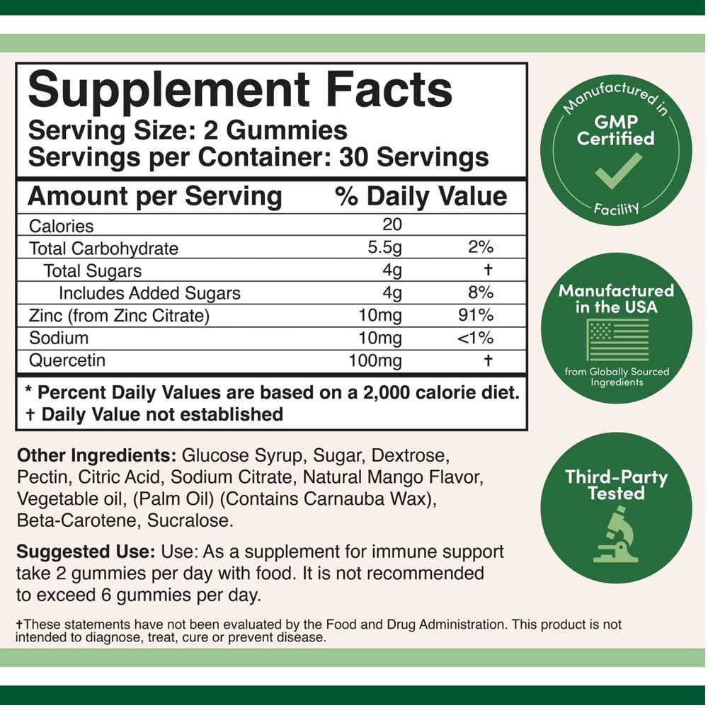 Double Wood Quercetin Zinc Gummies – Mango-Flavored Immune Boost Formula | 60 Gummies
