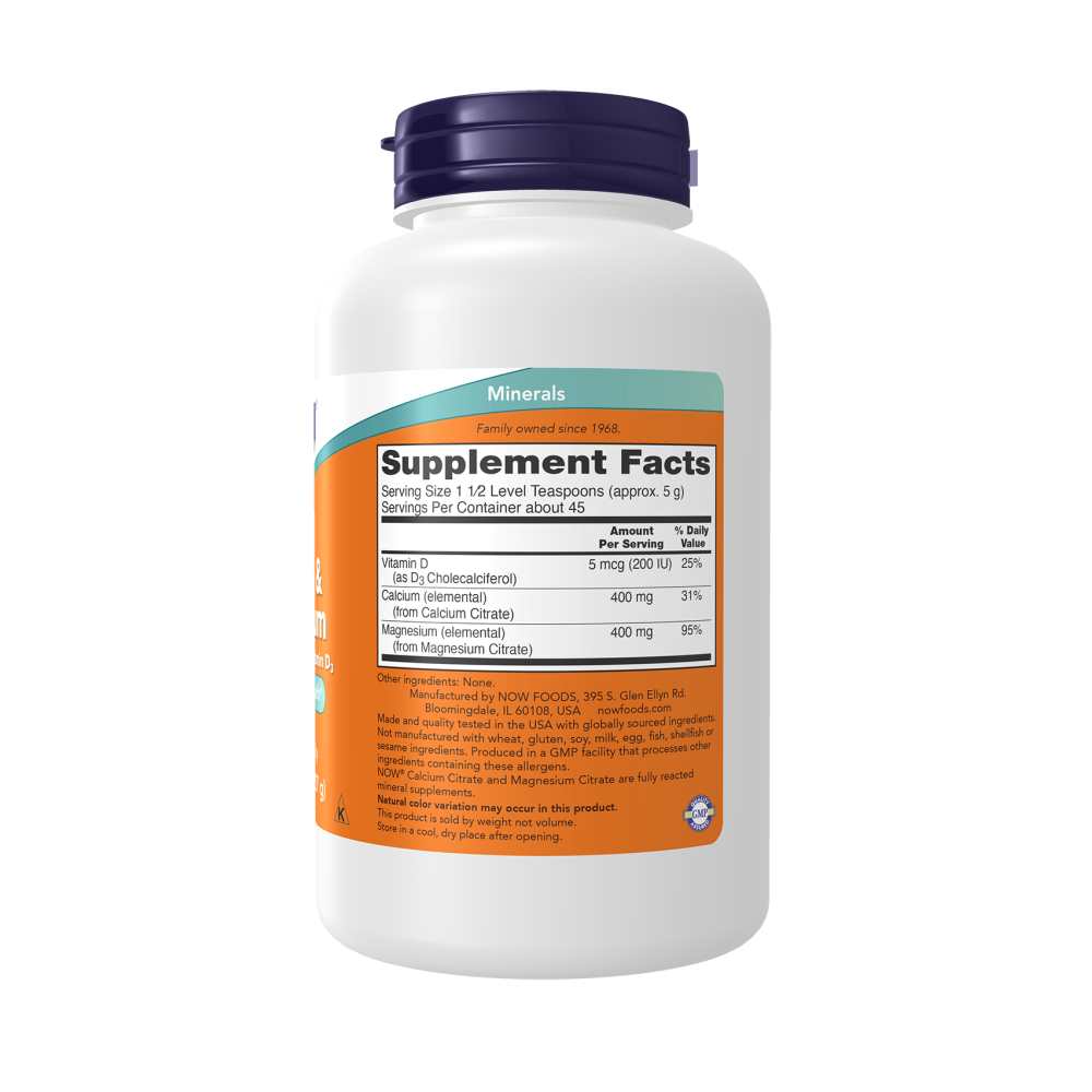 Now Foods Calcium Magnesium Powder – 1:1 Citrate Blend + Vitamin D – Highly Mixable – 227 G