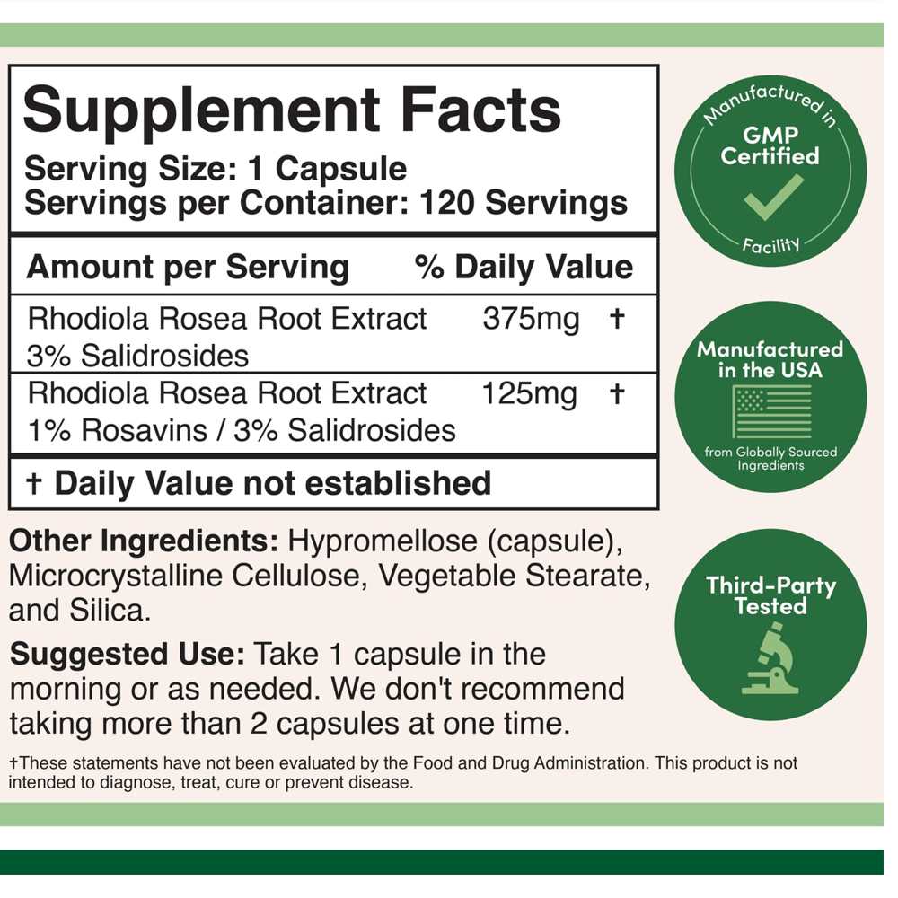 Double Wood Rhodiola Rosea Extract 500 Mg – 120 Veggie Capsules – Energy & Endurance