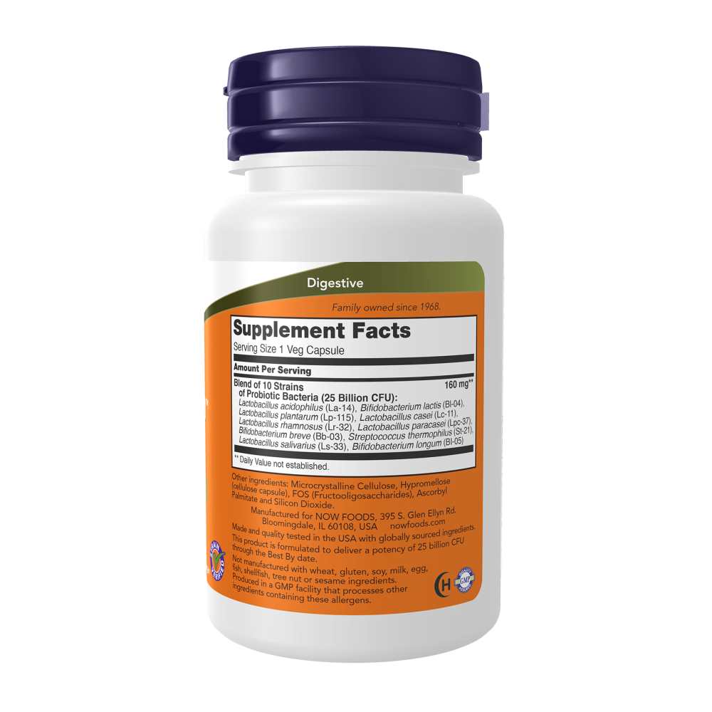 Now Foods Probiotic-10™ 25 Billion – 10 Clinically Validated Strains for Intestinal Flora Support – 30 Veg Capsules