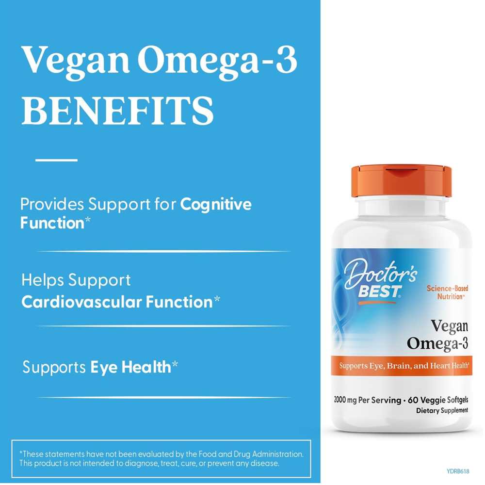Doctor's Best Vegan Omega-3 2000mg Veggie Softgels 60 Count (1000mg per Softgel)