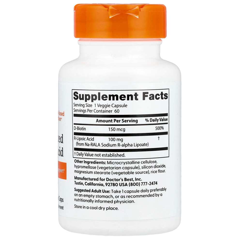 Doctor's Best Stabilized R-Lipoic Acid 100mg Veggie Caps 60 Count