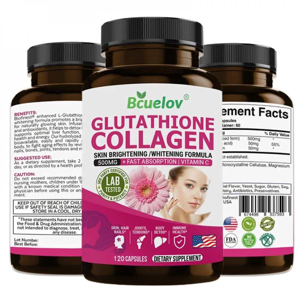 Bcuelov Glutathione + Collagen Capsules – 120 Count | 500mg+ Brightening Formula with Vitamin C