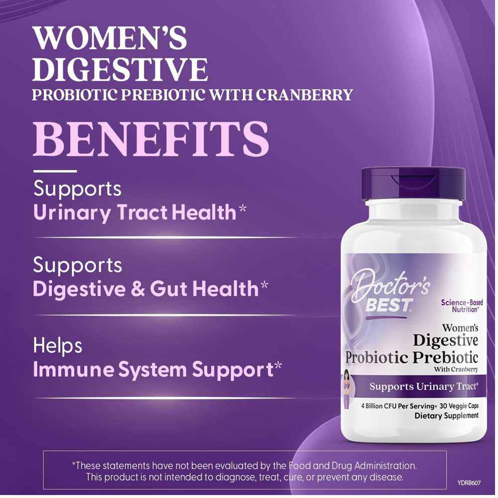 Doctor's Best Women's Digestive Probiotic + Prebiotic with Cranberry 4 Billion Cfu Veggie Caps 30 Count