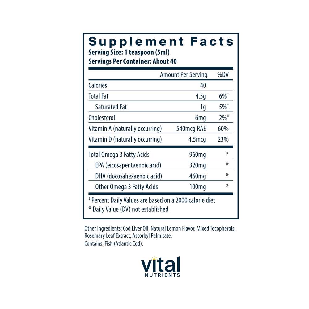 Vital Nutrients Ultra Pure® Cod Liver Oil 1025 Pharmaceutical Grade 200ml