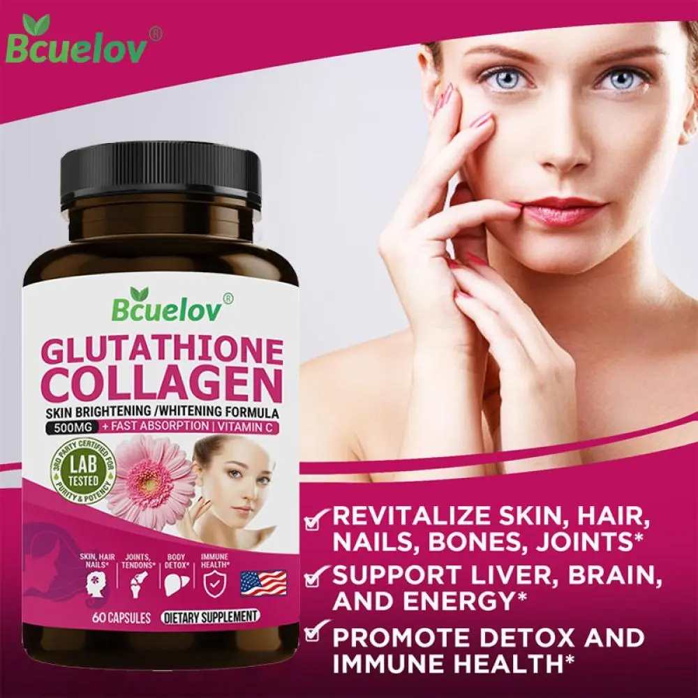 Bcuelov Glutathione + Collagen Capsules – 120 Count | 500mg+ Brightening Formula with Vitamin C