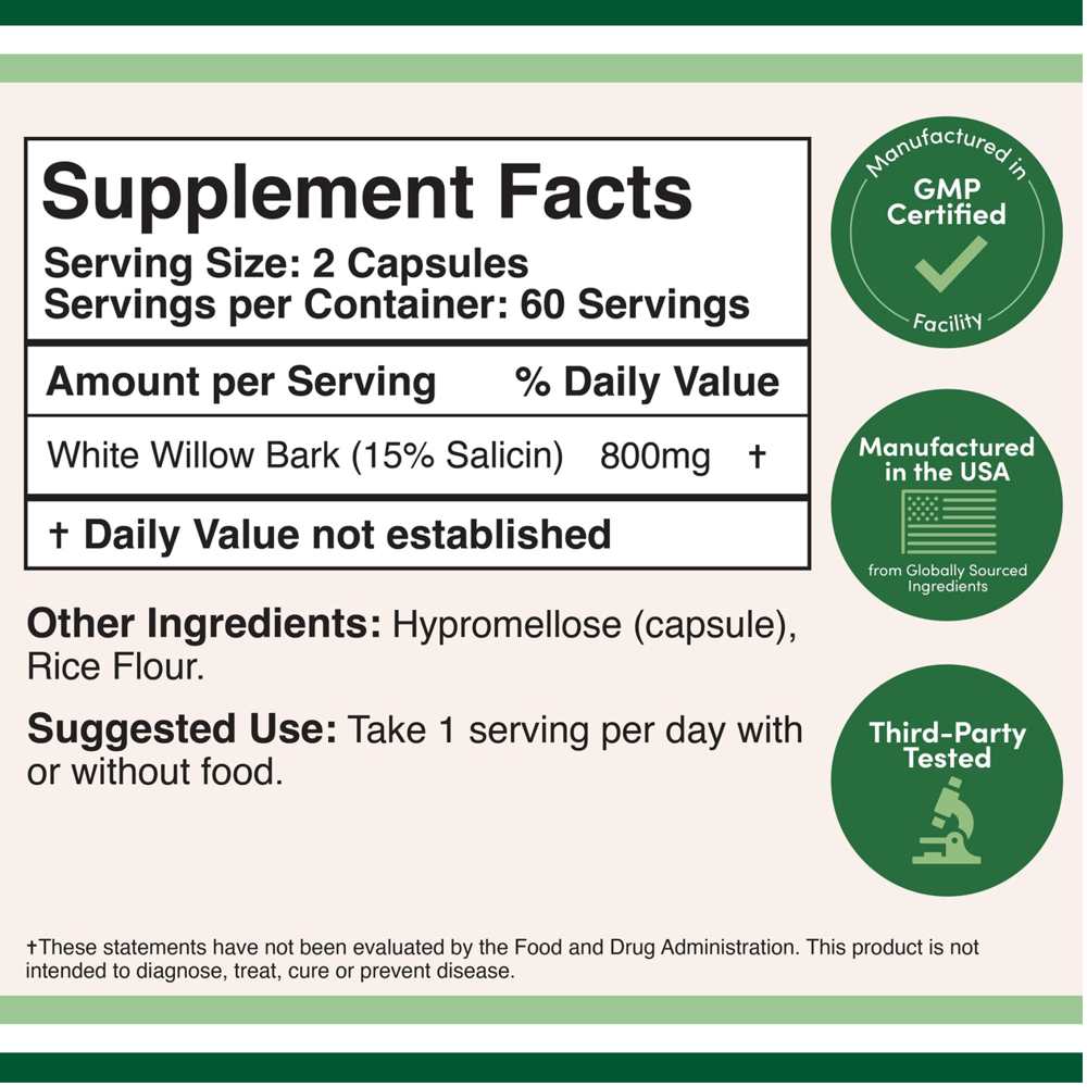 Double Wood White Willow Bark – 800mg Standardized Extract (15% Salicin) | 120 Capsules