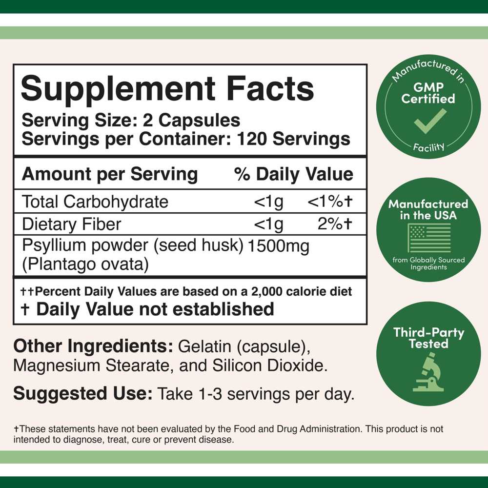 Double Wood Psyllium Husk – 1,500mg Fiber Supplement for Digestive Health | 240 Capsules