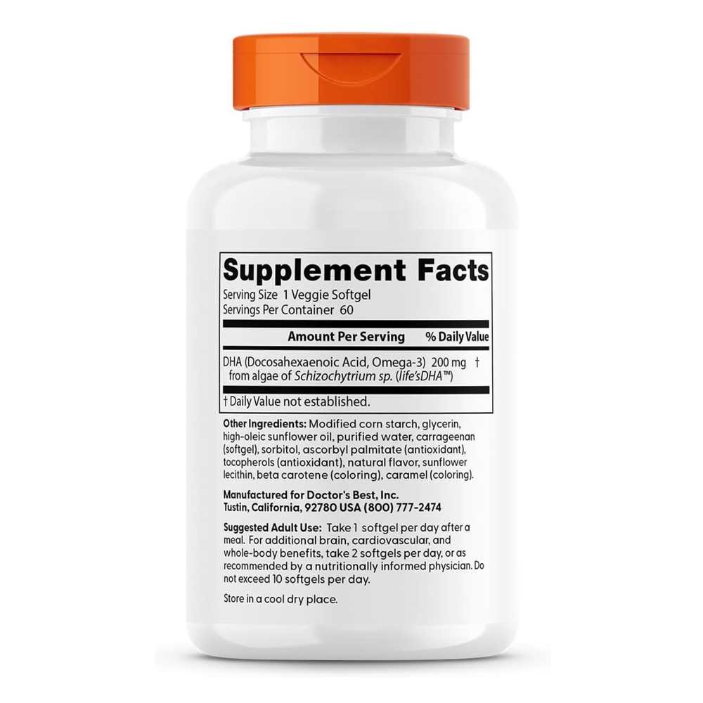 Doctor's Best Vegan Dha from Algae with Life's Dha 200mg Veggie Softgels 60 Count